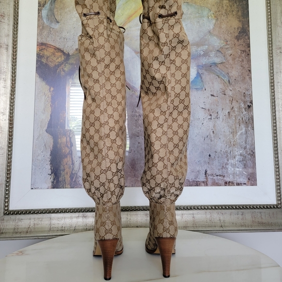 Gucci Lisa Over The Knee Boots GG Supreme Monogram Canvas Size 9 40 - Picture 5 of 10
